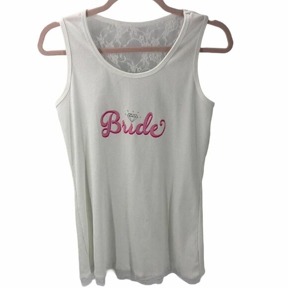 "Bride" White Ribbed Lace Accent Pink Tank Top - Picture 1 of 7